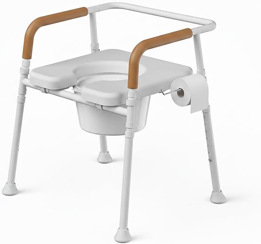 3-in-1 Bedside Commode for Seniors | 350 lbs Heavy Duty Iron Commode Chair with Padded Arms & Seat, Sturdy Toilet Safety Frame & Raised Toilet Seat, Height Adjustable, Bucket, Splash Guard