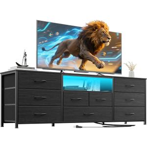 Furnulem 9 Drawer Dresser, 63 Long TV Stand for Bedroom, Entertainment Center with Power Outlet & LED Light for 65"-75" TV, Black Dresser with Fabric Storage Drawers for Closet