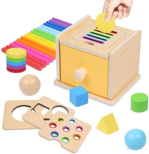 YHHYTOY Montessori Toys for 1+ Year Old, 4 in 1 Object Permanence Coin Box, Ball Drop Color Sorting Sensory Fine Motor Skills Toys Shape Sorter for Toddlers 1-3, Gifts for 1 2 3 Year Old Girls Boys