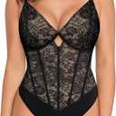 Popilush Lace Body Suits Women - Tummy Control V Neck Bodysuit with Side Zipper Going Out Corset Tops for Women Trendy 2025 L