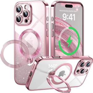 360 Spin CD Stand for iPhone 16 Pro Max Case Compatible with Magsafe Ring [Never Yellow][DIY Glitter Cardstock] Camera Protection Plating Clear Cute Phone Case for Women Girls 6.9'', Pink