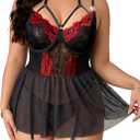 Alrovetoney Plus Size Lingerie For Curvy Women Ruffle Lingerie Set Sexy Lace Lingerie Set Garter Belt With Stockings (Large, 2-black Red)
