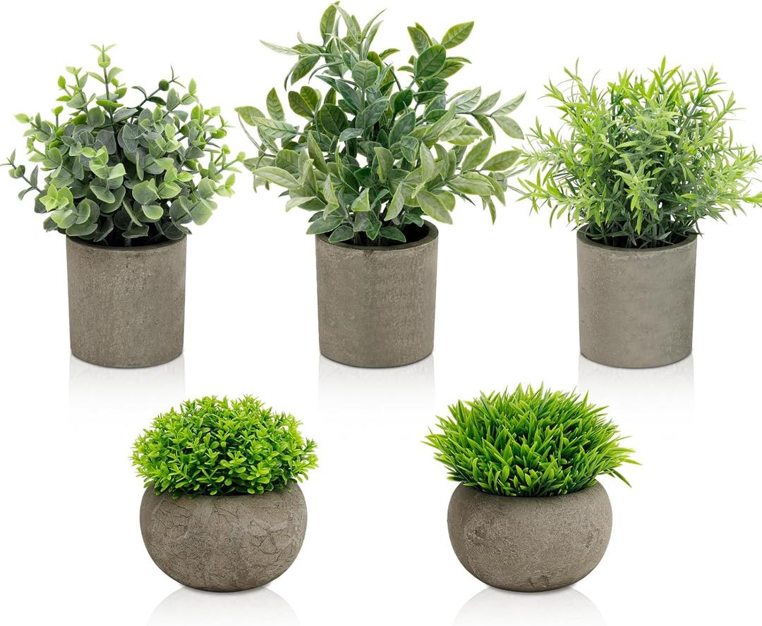 Artificial Potted Plants Faux Greenery in Cement Pots for Shelf, Bookshelf, Office or Home Decor, Small Decorative Fake Plants for Modern Indoor Display (Large)