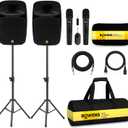 Bowens Dual 8 Inch 200W PA System  Portable Outdoor Speakers with Bluetooth, USB/SD, LCD & Remote  DJ Sound System with Wireless Karaoke Microphone for Singing/Microfono & Stands