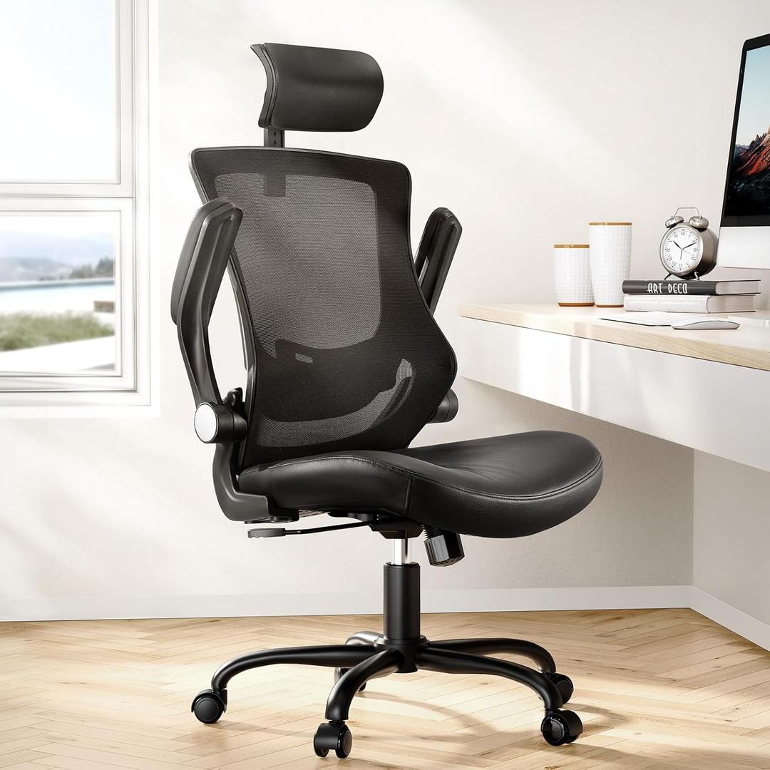 Marsail Office Chair Ergonomic Desk Chair, 360Swivel Mesh Back Wide Computer Chair PU Leather Criss Cross Chair,Adjustable Lumbar Support & Flip-up Armrests,Adjustable Height Executive Task Chair (Black)