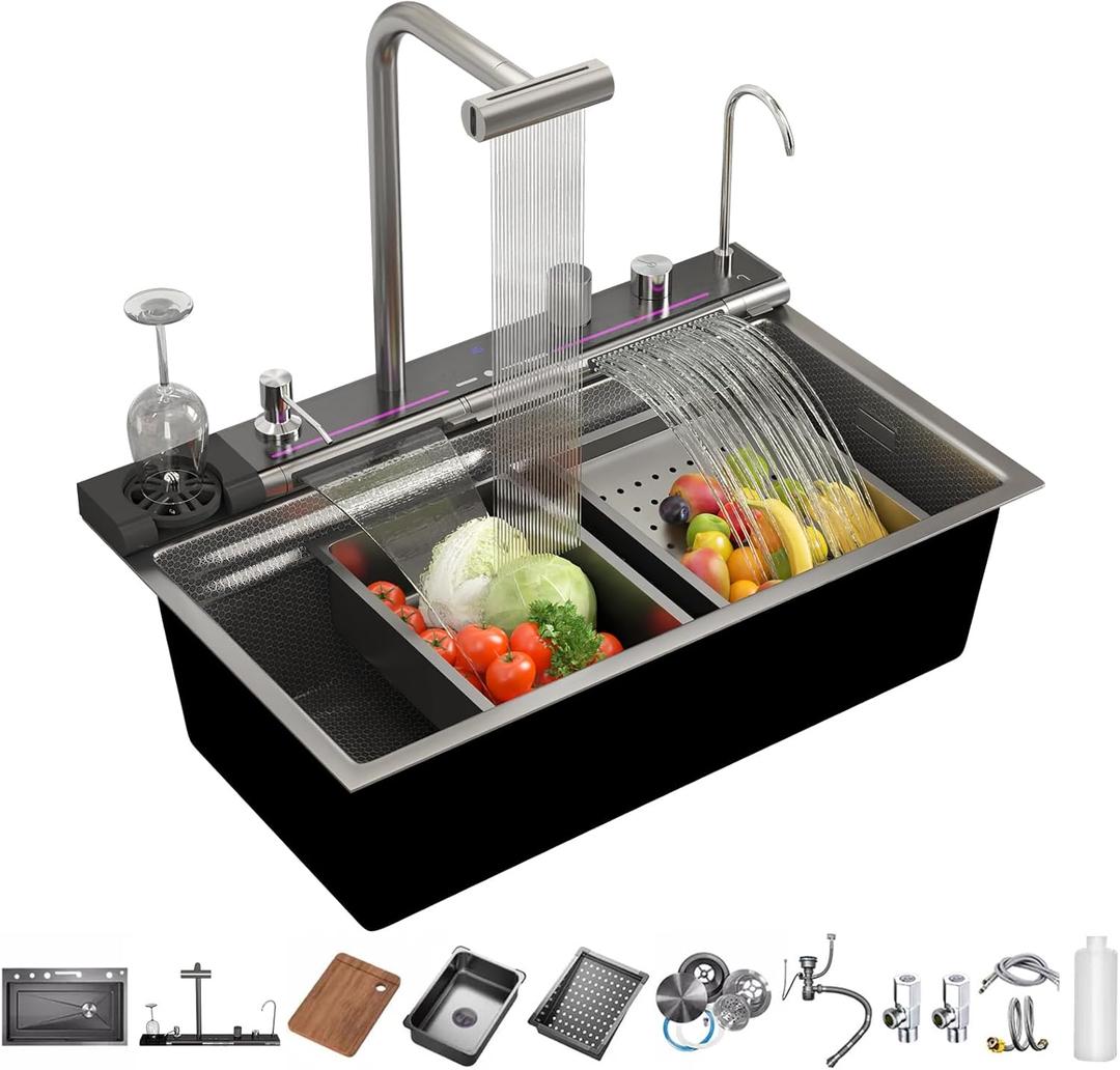 Smart Kitchen Sink 304 Stainless Steel Honeycomb Single Bowl Kitchen SinksDigital Display Double Waterfall SinkWith Pull-out Swivel FaucetWith Pressurized Cup Washer (31.5 x 18.1 inch)