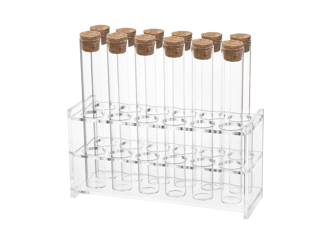 HUAOU 12pcs 30ml Glass Test Tube with Cork Stopper, 20x150mm Storage Tube with Cap, 12 Holes Acrylic Rack, Plant Propagation Vase, Tube Set for Scientific Experiments Lab Candy Liquid Party Decor