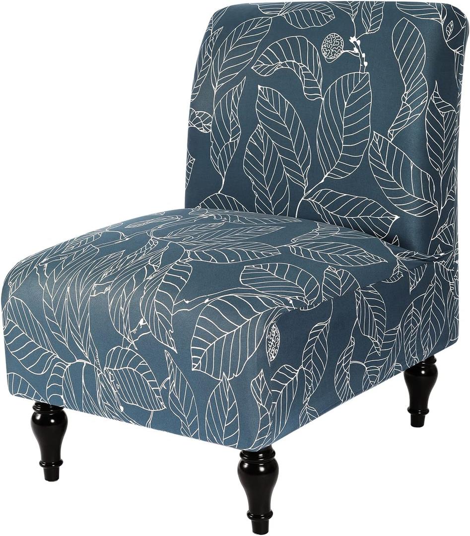Armless Accent Slipper Chair Cover Slipcover,Stretch Spandex Removable Leaves Printed Non-Slip Silp Cover for Accent Chair Without Arms Furniture Protector for Living Dining Room(Blue, 1)