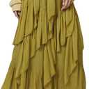 Wyeysyt Women's Ruffle Maxi Skirt Flowy Long Layered Skirts A Line Tiered Trendy Skirt (Green, S)