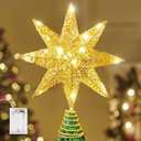JOIEDOMI 8" Metal 8-Point Star Christmas Tree Topper LED, Glitter Golden Treetop Decorations with 20 Warm White Lights, Battery Powered Decor for Home Holiday Xmas Party Indoor