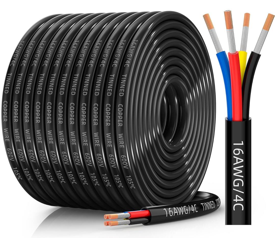 CONEPY 16 Gauge Wire 4 Conductor Electrical Wire, 16 AWG Tinned Copper Stranded PVC Cable, IP68 Waterproof/Flexible/Low Voltage Cord for Automotive, RV, Marine, Solar, LED Lighting(100FT)