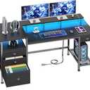 Furologee 60" Black Computer Desk with 4 Drawers and Printer Space, Gaming Desk with LED Lights and USB Power Outlets, Home Office Desk with Fabric File Cabinet,Study Work Table with Shelf for Bedroom