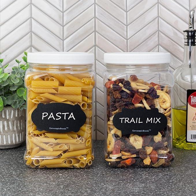 Cornucopia Brands 48oz Square Plastic Jars (2-Pack); Clear Rectangular 6-Cup Canisters w/Black Lids, Easy-Grip Side