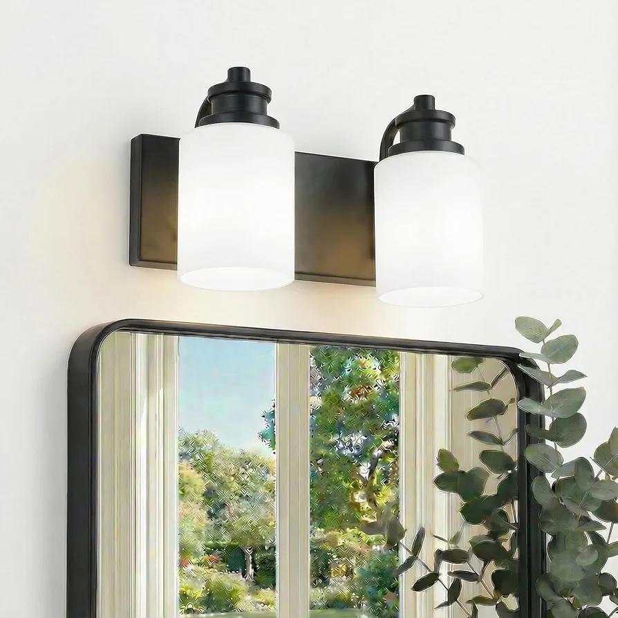 VINLUZ 2 Light Black Vanity Lighting Fixture for Bathroom Decor Classic Industrial Wall Light with Milky White Glass Shades for Porch Workshop