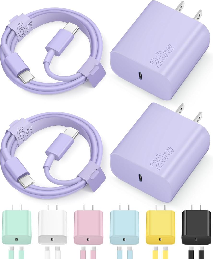 iPhone 17 16 15 Charegr Fast Charging Type C Chargers USB C Charger Block iPhone Air Chargers with 2 Pack 6FT Cable for iPhone 17/17 Plus/17 Pro Max/16/16 Plus/16 Pro Max/15 Pro Max/iPad Pro(Purple)