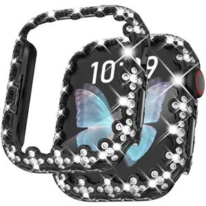 Fullife Compatible with Apple Watch Series 9 Case 40mm 41mm 44mm 45mm, Four-Leaf Clover Crystal Rhinestone Bumper Bling Face Cover Sparkling Frame for iWatch SE2/SE Series 9 8 7 6 5 4 for Women 4Pcs