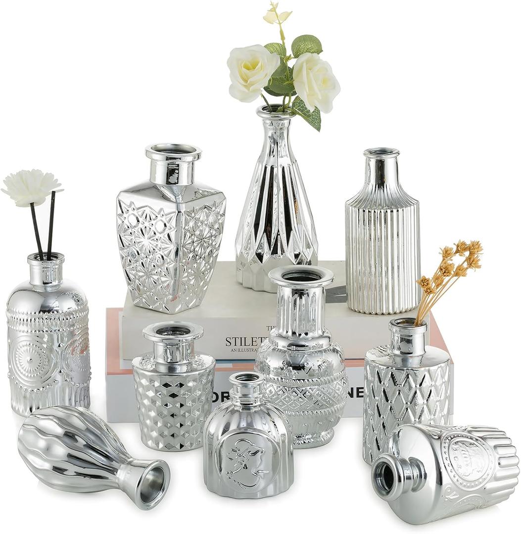 Hewory Silver Small Glass Vases for Centerpieces 10pcs Silver Bud Vase in Bulk, Mini Vintage Decorative Single Flower Vase for Wedding Birthday Party Baby Shower Home Living Room Table Decor