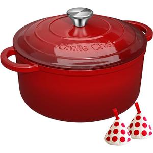 Enameled Cast Iron Dutch Oven  Umite Chef 5QT Pot with Lid & Cotton Potholders  HeavyDuty Cookware for Bread Baking, Braising, Stews, Roasting(Red)