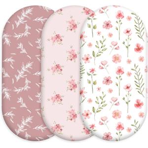 Floral Bassinet Sheets Girl 3 Pack, Breathable Cozy Fitted Mattress Sheet, Elastic Travel Bassinet Fashionable, Standard Cradle Safe Sheets for Baby Boy Girls 32" x 16"