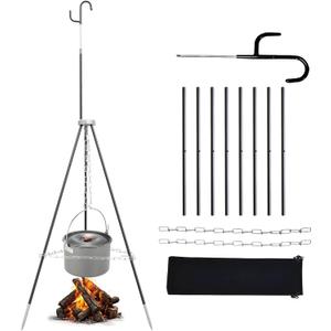Grill Swing Hanging Camping Tripod, Adjustable Collapsible Campfire Cooking Rack, Outdoor Camping Cookware with Hooks Iron Grill for BBQ Picnic Dutch Oven