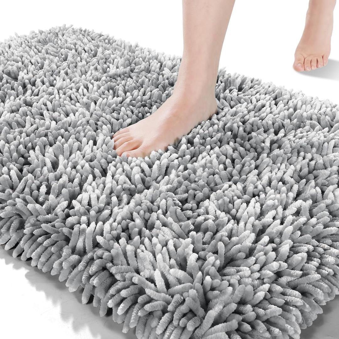 Yimobra Chenille Bathroom Rugs Non Slip, Extra Thick Soft Absorbent Bath Rug 24x17 Inch, Machine Washable Quick Dry Bath Mat for Bathroom Floor, Tub and Shower, Home Decor Accessories, Light Grey