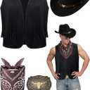 Toulite 4 Pcs Western Outfits for Men Cowboy Tassel Vest Hat Belt Buckle Paisley Bandana for Halloween Cosplay L