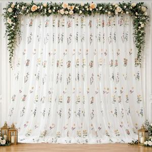 Tegeme 10x10ft Wildflower Decoration Backdrop Curtains Embroidery Sheer Floral Vintage Decor for Wedding Baby Shower Birthday Summer Spring Easter Party Photography Background