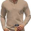 Men's Henley Shirts Long Sleeve Casual Waffle T-Shirts Button Pullover Sweaters Tee Shirt Khaki, Medium