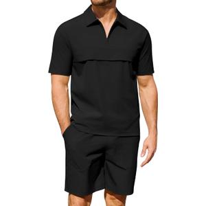 Uni Clau Men's Summer Outfits 2 Piece Quick Dry Sets Short Sleeve Shirt and Shorts Vacation Quarter Zip Polo Shirt for Men (Black, XXL)