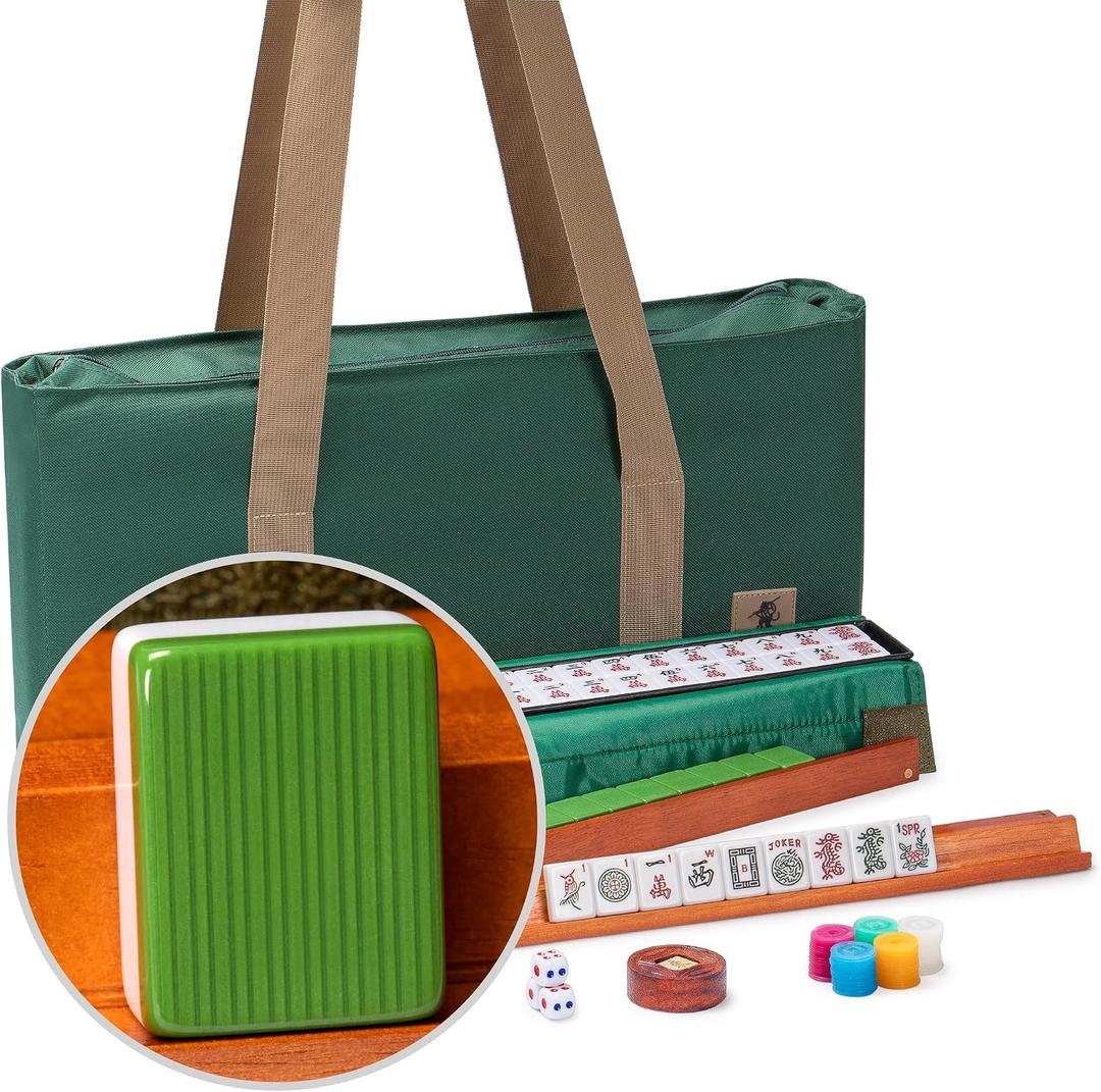Yellow Mountain Imports American Mahjong Set, Huntington with 166 Melamine Mahjong Tiles, Mineral Green Soft Case - 4 All-in-One Racks with Pushers, Scoring Coins, Dice, and Wind Indicator, 21.7 x 10.6 x 3 inches