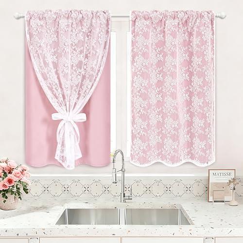 Yinhua Pink Kitchen Curtains 36 Inch Length Double Layer Blackout Cafe Curtains with Floral Sheer Overlay Rod Pocket Short Curtain for Windows, Small Window Curtain for Bathroom, Living Room, 2 Panels