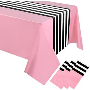 Oudain 3 Pcs Striped Tablecloth 108 x 54 Inch Disposable Plastic Table Cloth Waterproof Tablecloth Rectangle Table Cover for Birthday Wedding Bridal Party Supplies (Black White Pink)