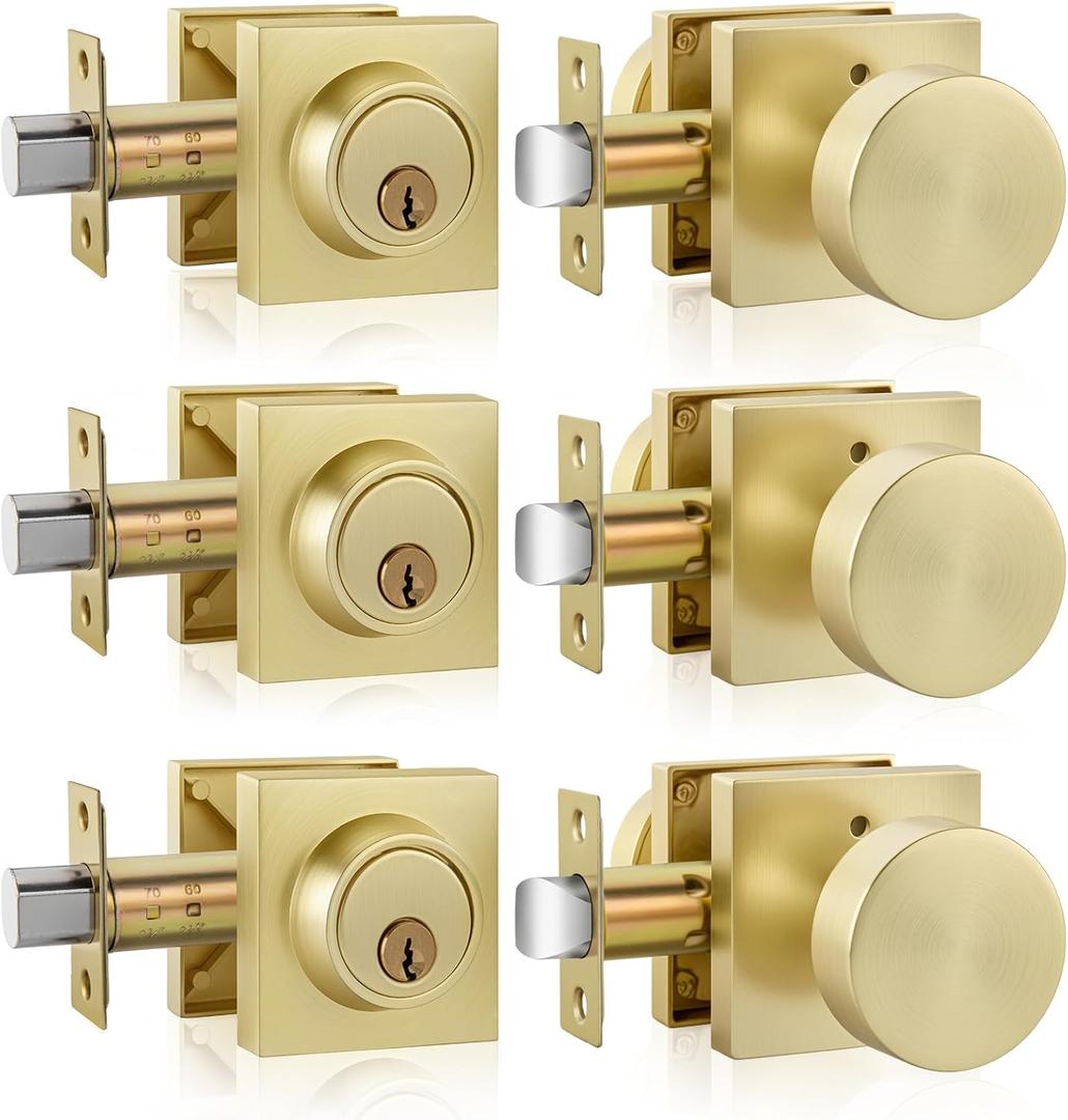 Goldenwarm 3 Pack Brushed Gold Door Knob with Deadbolt, Contemporary Gold Door Knobs Exterior with Deadbolt Zinc-Alloy Heavy Duty Brass Front Door Knob Set