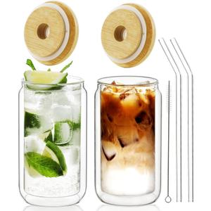 LIBWYS 12oz Double Wall Drinking Glass Cups with Bamboo Lids and Straws, 2 Pc Set  Condensation Resistant Insulated Glass Can Tumblers for Cold Drinks, Iced Coffee, Tea, Juice, Cleaning Brush