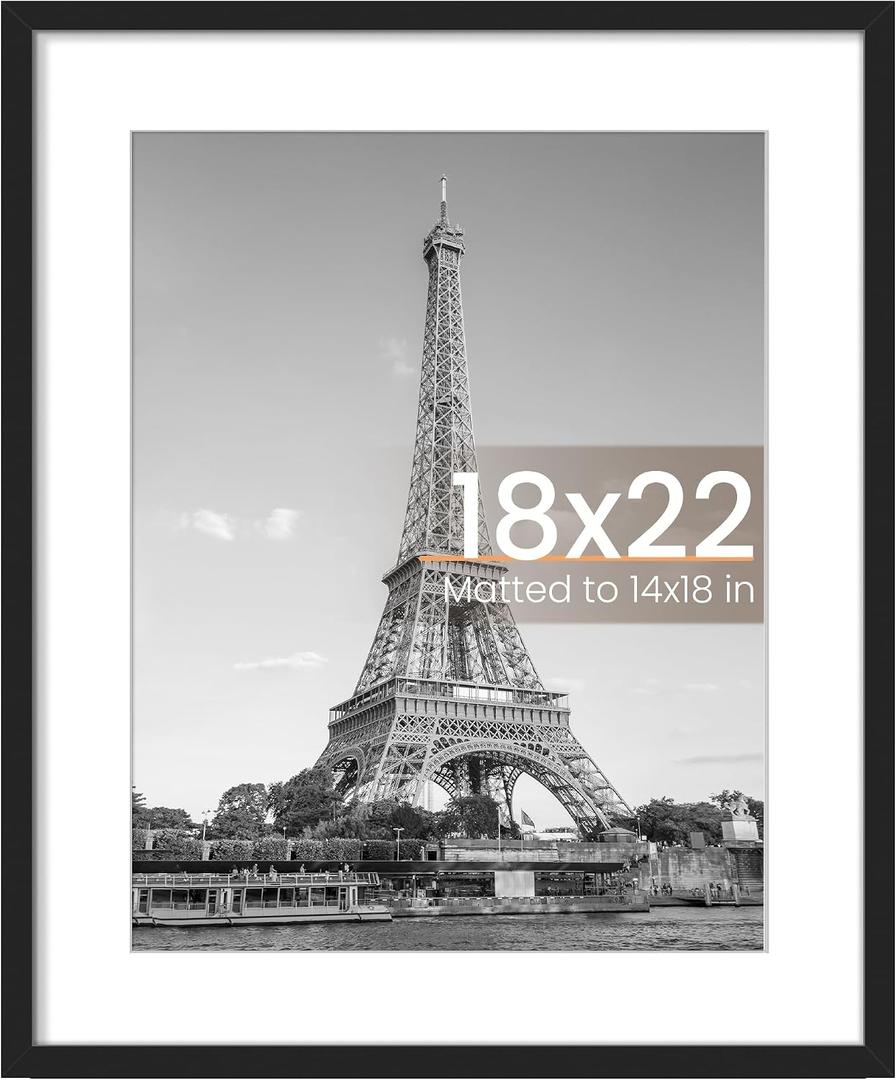upsimples 18x22 Picture Frame, Display Pictures 14x18 with Mat or 18 x 22 Without, Wall Hanging Poster Frames, Black, 1 Pack