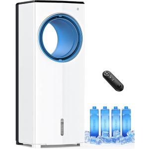 Windowless Evaporative Cooler, 27" Bladeless Evaporative Air Cooler with 4 Modes & 3 Speeds, Double Tanks, 4 Ice Packs, 25FT Remote, 7H Timer, Portable Swamp Coole