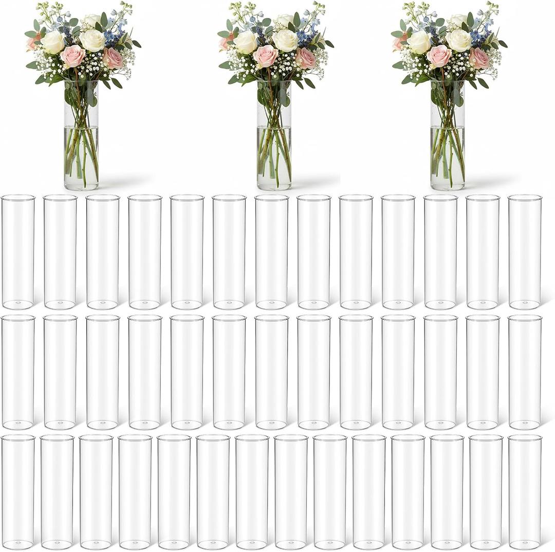 Molain 40 Pcs Plastic Small Cylinder Vases, 7" Tall x 2.1" Diameter Cylinder Vase for Centerpieces MultiUse Flower Vase Bulk Small Clear Flower Container for Wedding Bridal