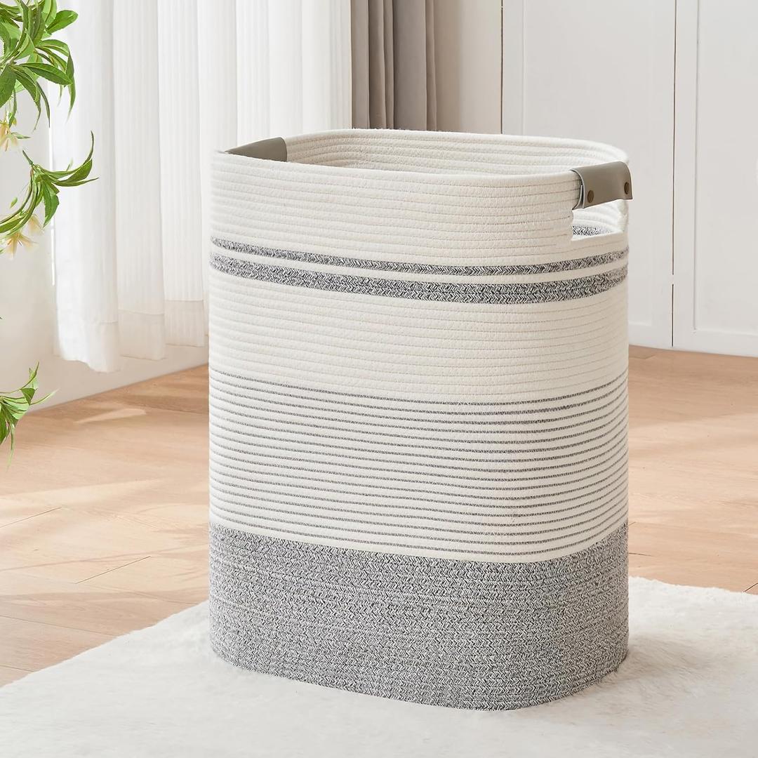 AINUOQI Laundry Basket with Handles - Blanket Basket & Hampers for Bedroom Aesthetic, Laundry Hamper & Blanket Storage for Living Room, Clothes Hamper, Tall, Large 17" x 14" x 22, Grey & White (85L)