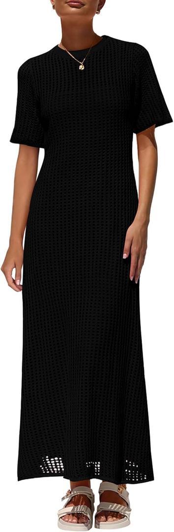 PRETTYGARDEN Womens Eyelet Cover Up Dress 2026 Summer Vacation Resort Maxi Dresses Beach Short Sleeve Hollow Out Sundress (Black, S)