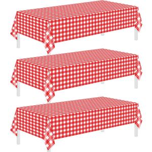 Childom 3 Pack Red and White Checkered Tablecloths 54"x108" Christmas Tablecloths for Rectangle, Disposable Plastic Table Cover for Weddings, Home, Birthday,Picnic,Buffet, Pizza Party,Racing Car Decors