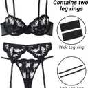 Lilosy Sexy Leaf Floral Embroidered Mesh Sheer Women Underwire Push Up Lingerie Set (Black, L)
