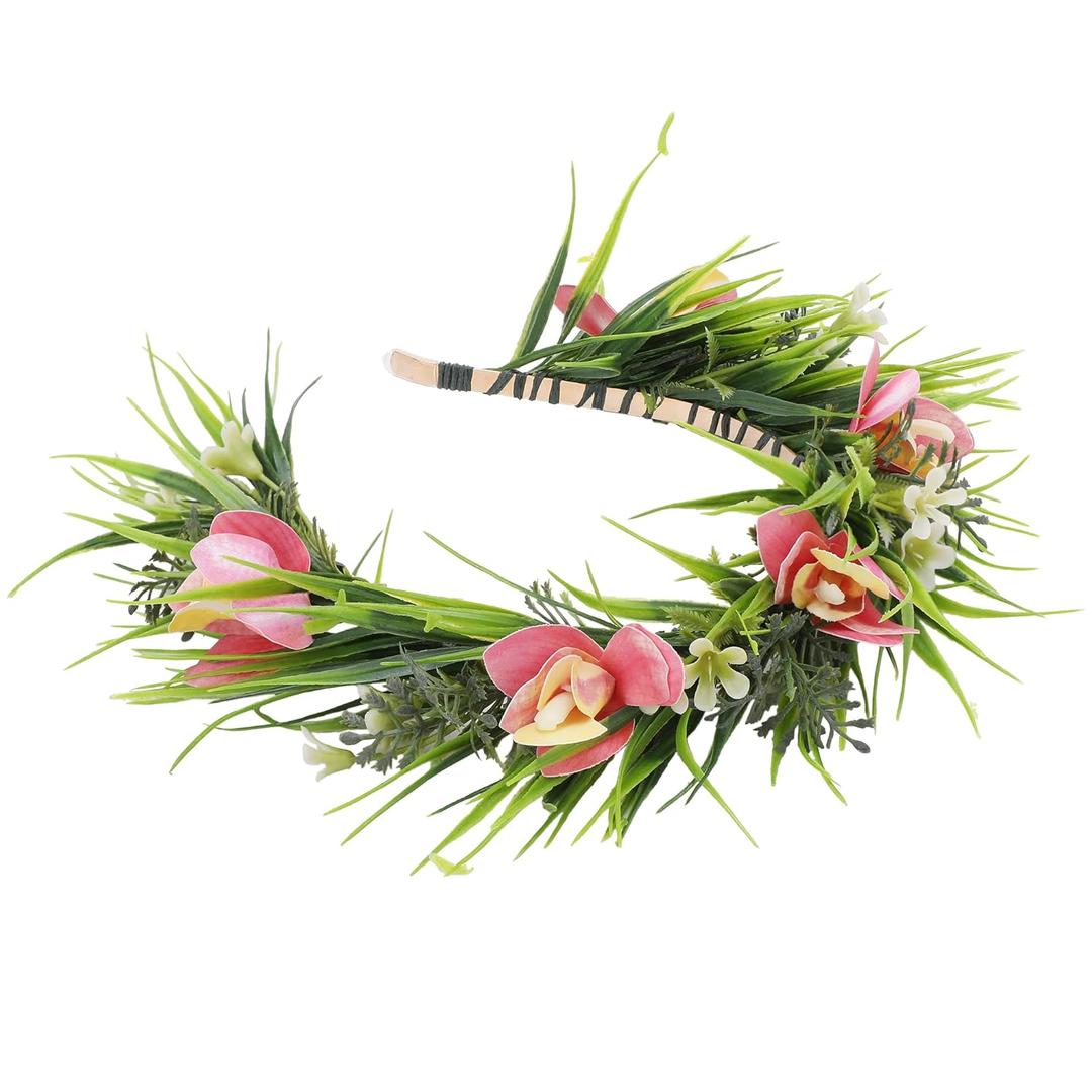 Pink Hawaiian Flower Crown, Hawaii Orchid Floral Headband, Tropical Floral Headpiece with Ribbon, Summer Hula Dance Dress Up Accessory for Girls Women Beach Pool Vacation Party Supplies