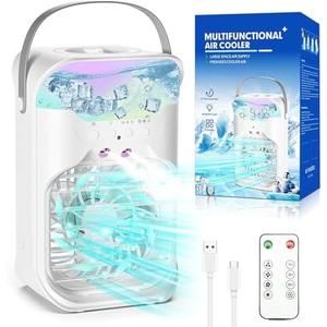 4 Speeds Mini Air Conditioner Fan with 7 Colors Light, Evaporative Air Cooler Desk Fan, Portable Air Conditioners with Handle & 2-8H Timer, USB Personal Air Conditioner for Bedroom, Office, Dorm Desk