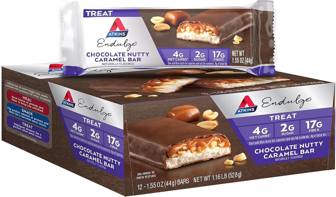 Atkins Endulge Chocolate Nutty Caramel Bar, Dessert Favorite, 2g Sugar, High in Fiber, Keto Friendly, 12 Count, Best By: 06/25/25