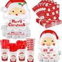 durony 200 Pieces Christmas Santa Party Supplies Tableware Set Include Disposable Paper Plates Cups Napkins Cutlery Straws with Merry Christmas HO HO HO Santa for 25 Guests Dinnerware Holiday