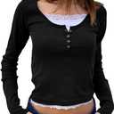 BAIGRAM Women Long Sleeve Lace Patchwork Button Up Henley Crop Shirt Top Y2K Preppy Slim Fit Fall Going Out Tee Girls Clothes Black (L)