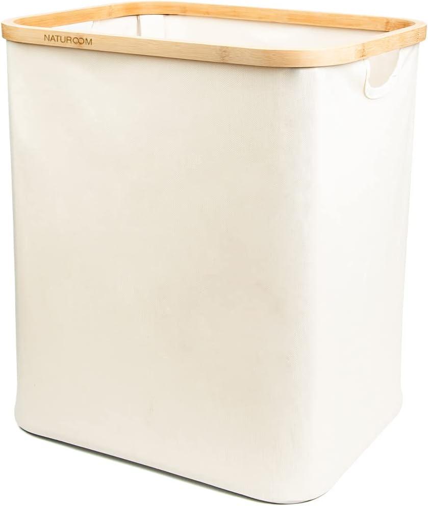 Naturoom 60L Bamboo Storage Basket | Laundry Hamper, Folding Bamboo Frame Fabric Shelf Basket With Handles, Large Cube Organizer For Bathroom, Bedroom Dirty Clothes/Towels/Blankets/Toys Storage Bin