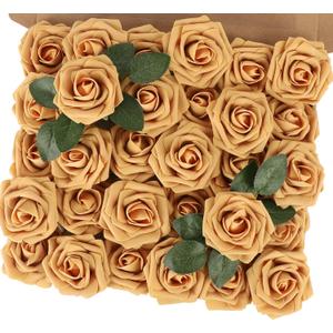 MACTING 30PCS Artificial Flower Roses Real Touch Fake Rose Flowers with Stem Foam Roses for DIY Wedding Bouquet Table Centerpieces Party Baby Shower Spring Home Valentines Day Decorations,Gold Yellow