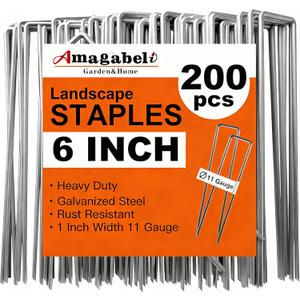 AMAGABELI 6 Inch 200 Pack Galvanized Landscape Staples 11 Gauge Anti-Rust Heavy Duty Garden Stakes Plant Cover Spikes U-Shaped Sod Pins Fence Stakes for Weed Barrier,Irrigation Tubing,Lawns,Decoration