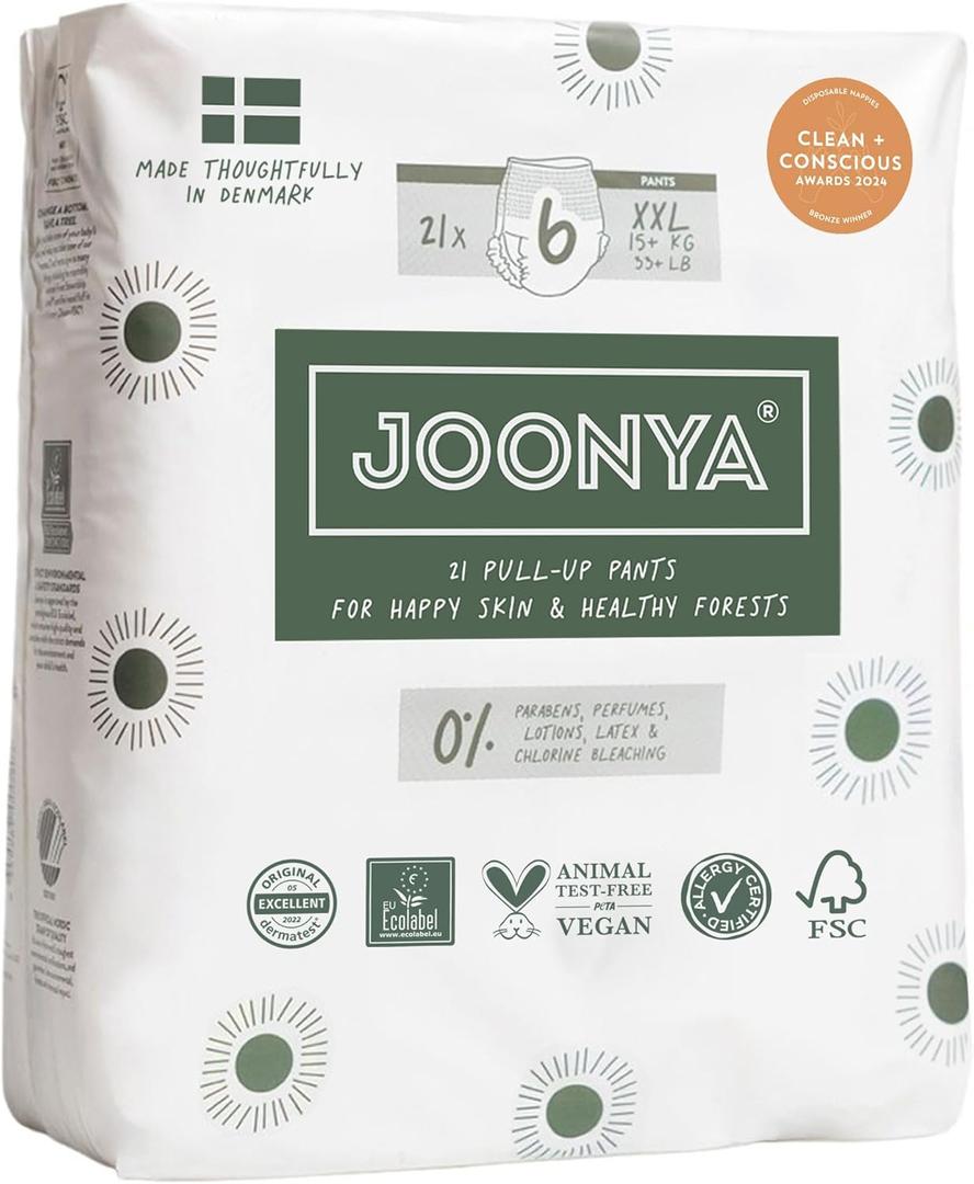 Joonya Pull-Up Pants Baby Diapers, Size 6 XXL (33+ lb) - 1 Bag of 21 - Non Toxic, Eco-Friendly, High Absorbency, Overnight Use, Ultra Slim & Soft - Made in Denmark